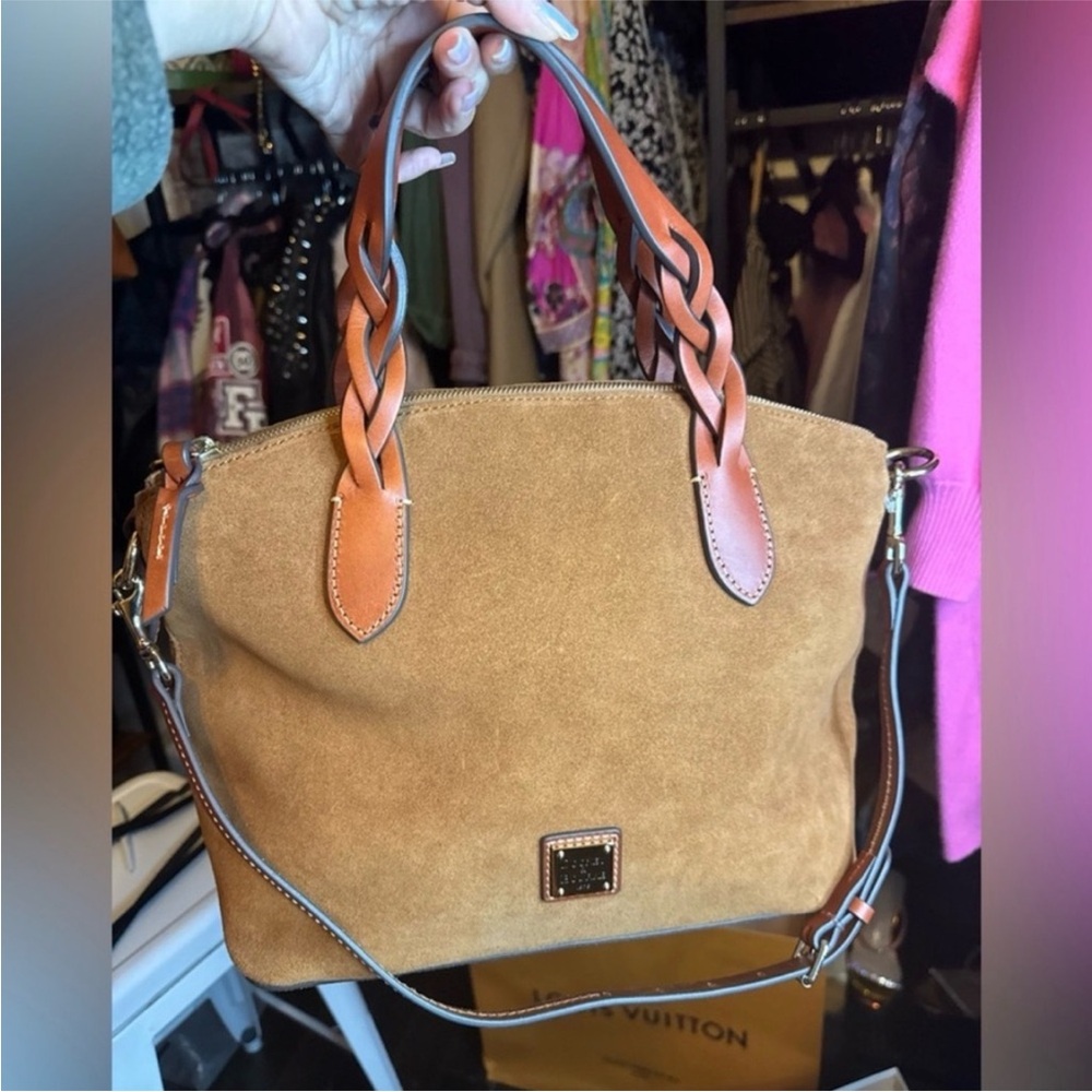 Dooney & Bourke Suede Satchel in Tan with Braided Handles Excellent Condition